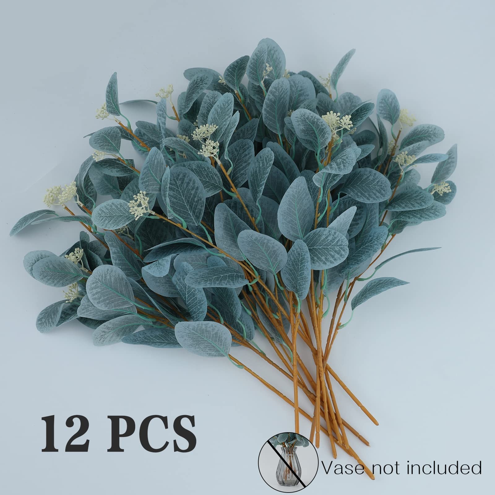 12Pcs Artificial Eucalyptus Stems, 20″ Faux Silk Leaves with Beige Berries Sk…