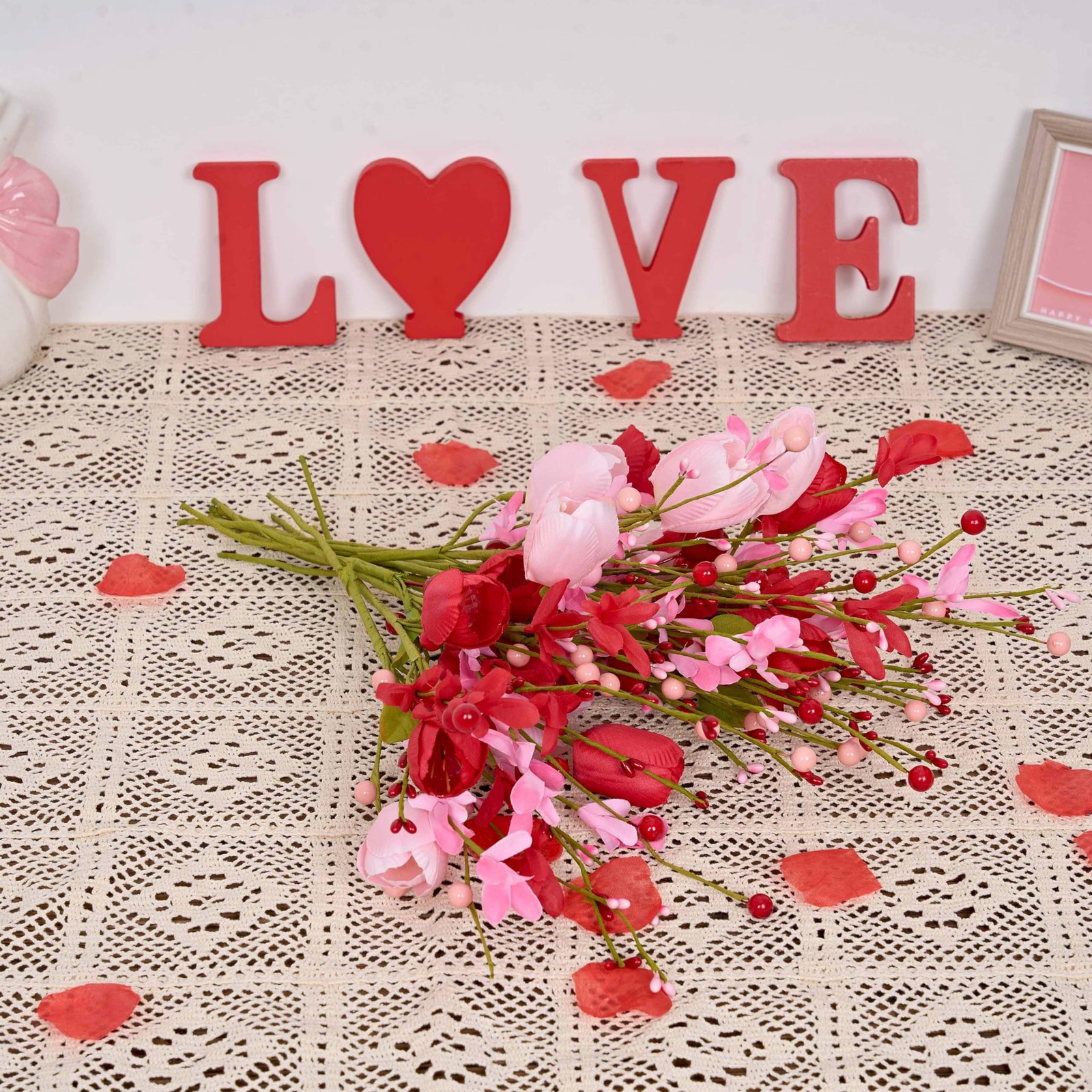 12 PCS Artificial Valentine Decor 17 Inch Pink Picks Red Tulip Berries Wedding