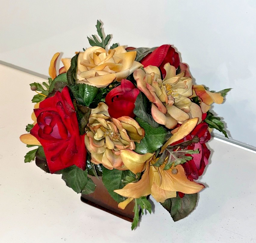 Red & Yellow Faux Flower Roses Centerpiece Beige Mahoga Brown Neutral Home Decor