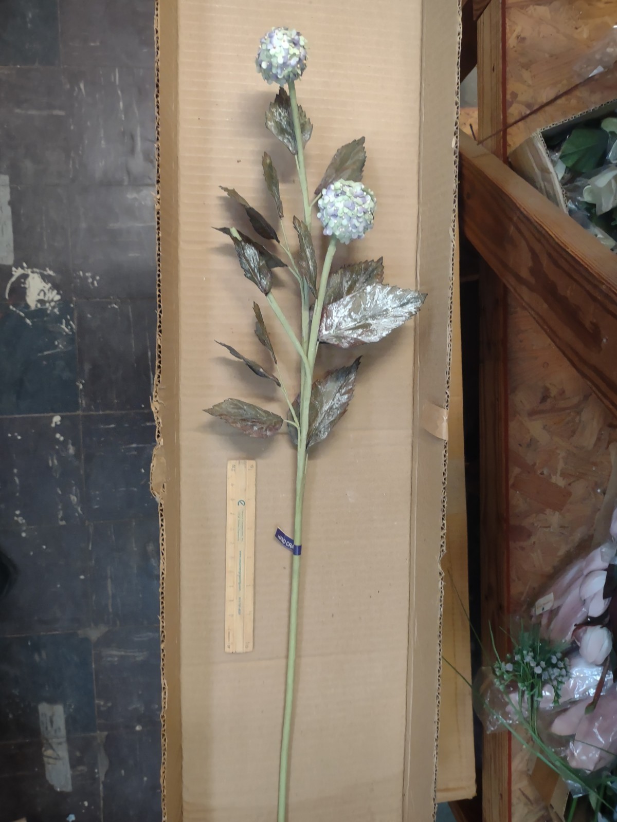 3 Stems Globe Flowers, Dry-Look Lavender/Green w/Dusty Leaves, Wired, 24″ Length