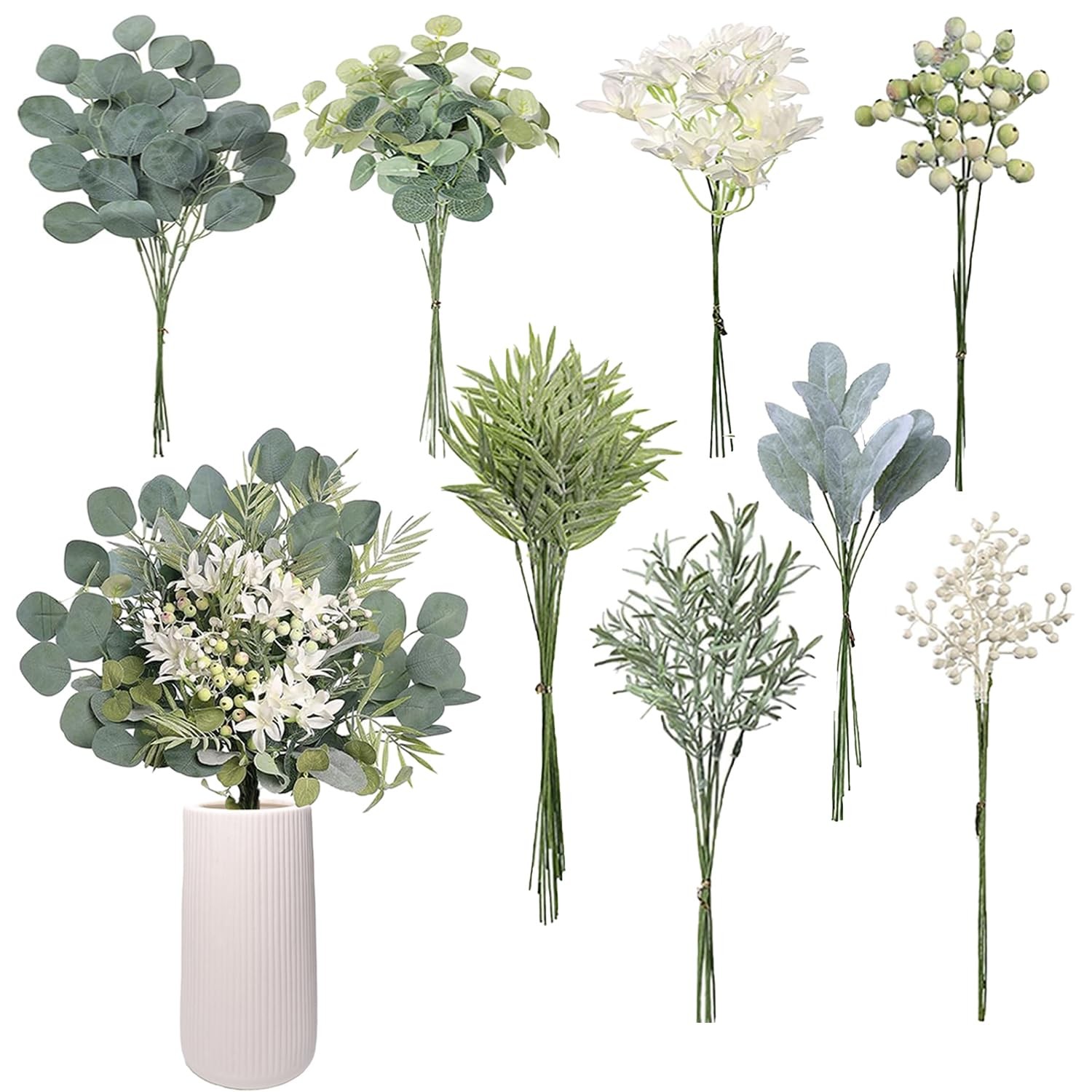 Artificial Eucalyptus Stems 75 Pcs, 8 Kinds Mixed Faux Greenery and Fake Flow…