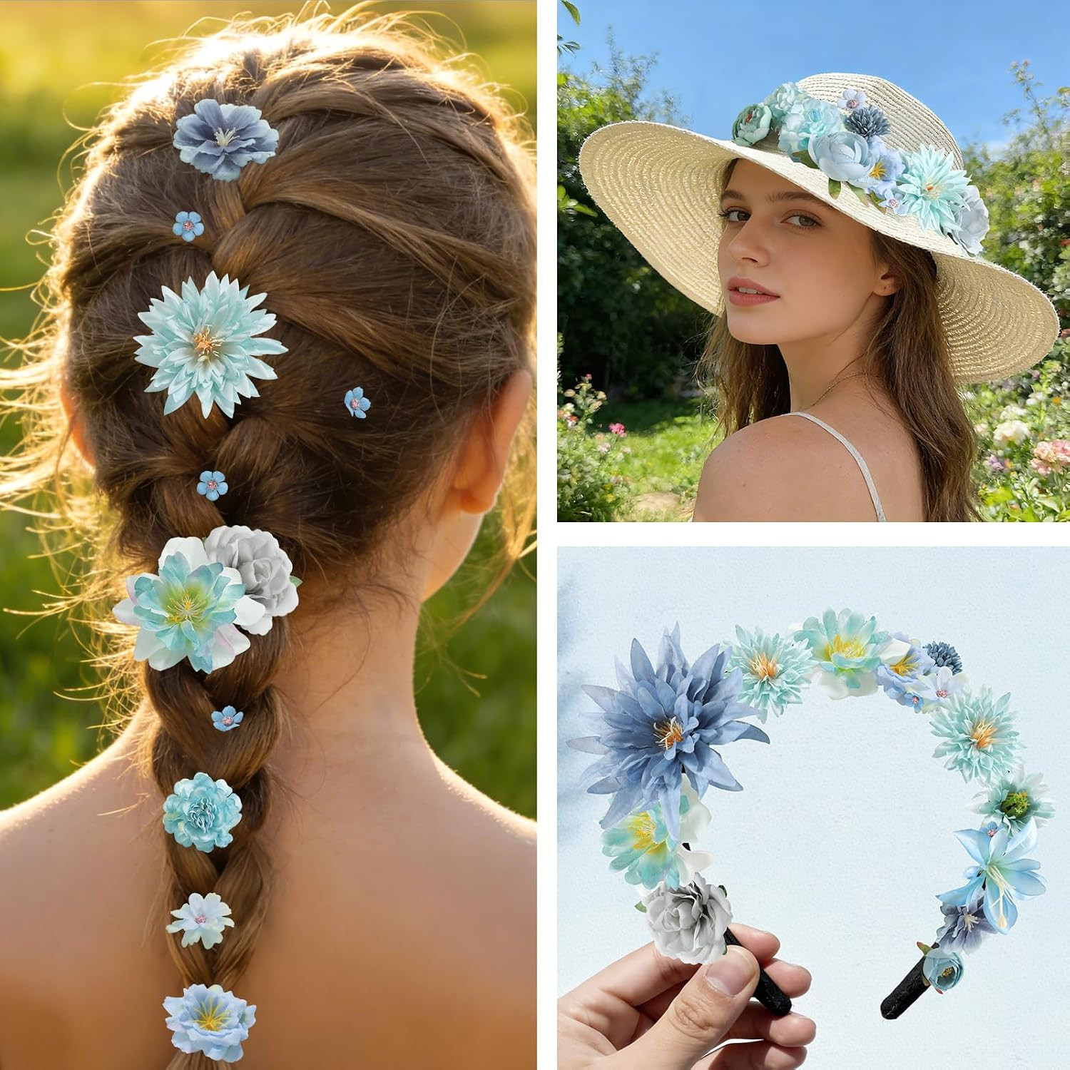 Artificial Flowers Heads Combo Blue Flowers Mix Silk Flowers Heads Bulk Faux Ros
