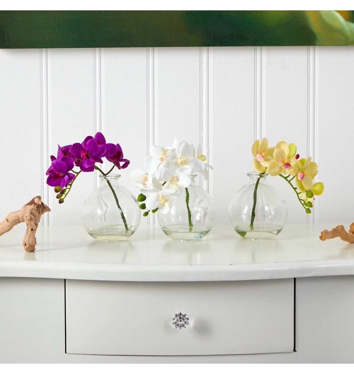 Nearly Natural 9-in Phalaenopsis Artificial Orchid in Vase – Set of 3