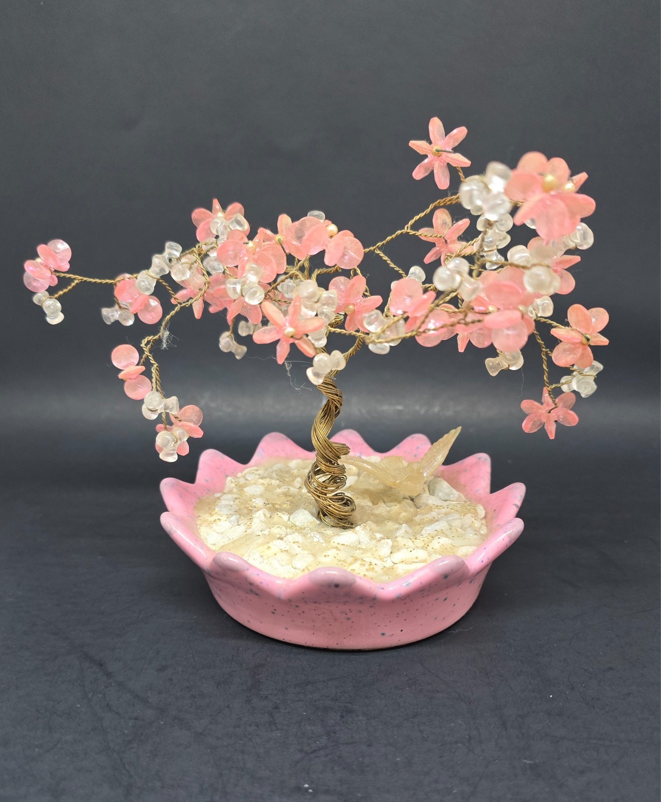 Copper Wire Bonsai Tree, Pink & White Beads, White Rocks Pink Bowl Home Decor