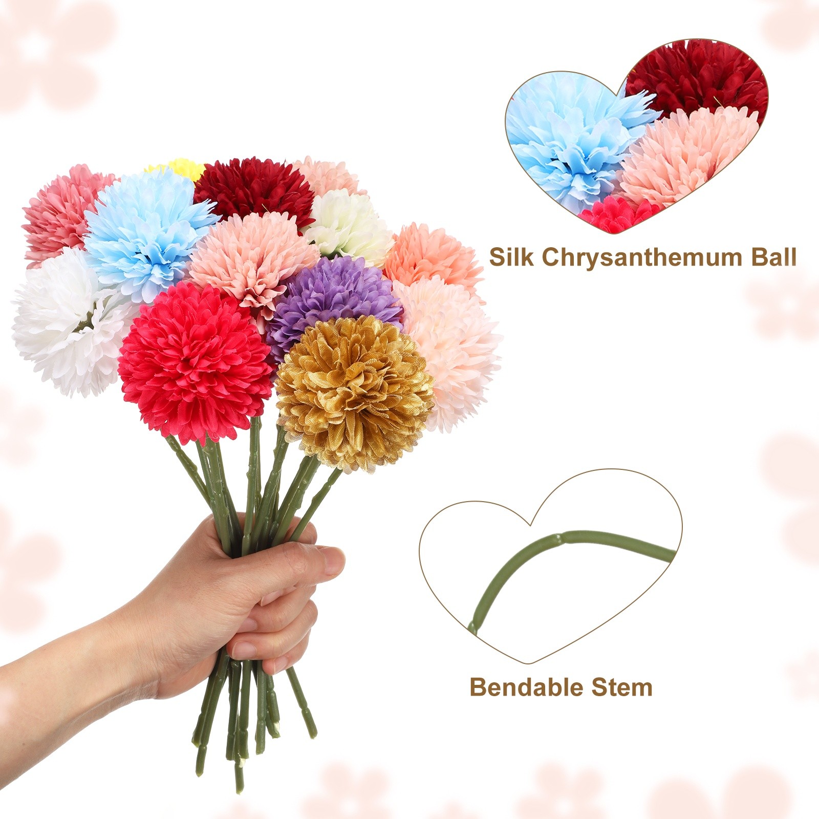 6pcs Artificial Chrysanthemum Ball Flowers Faux Mum Flower Bouquet, Gold