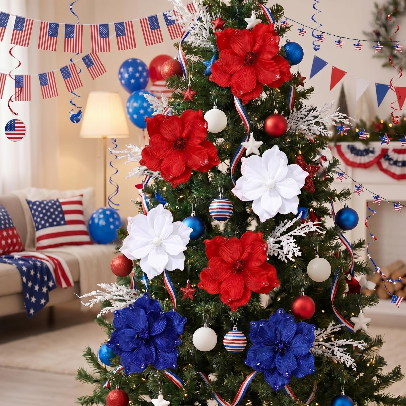 9 Pcs Red White Blue Poinsettia Flowers 4th of July Memorial Day Patriotic Fl…