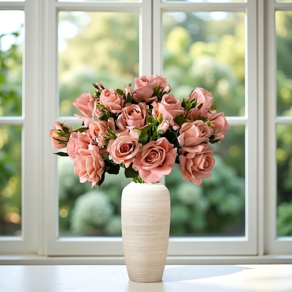 10pcs Artificial 3-Head Dark pink rose Each Stem Features 2Full Blooms and 1bud