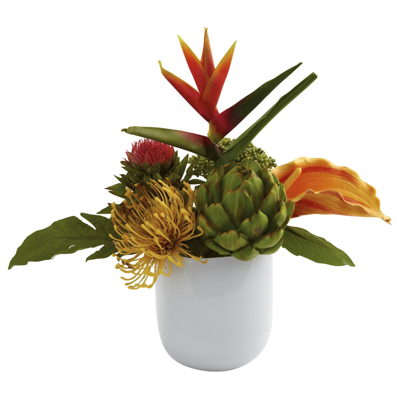 14″ TROPICAL ARTIFICIAL SILK FAKE FLOWER ARRANGEMENT w/ WHITE GLASS VASE