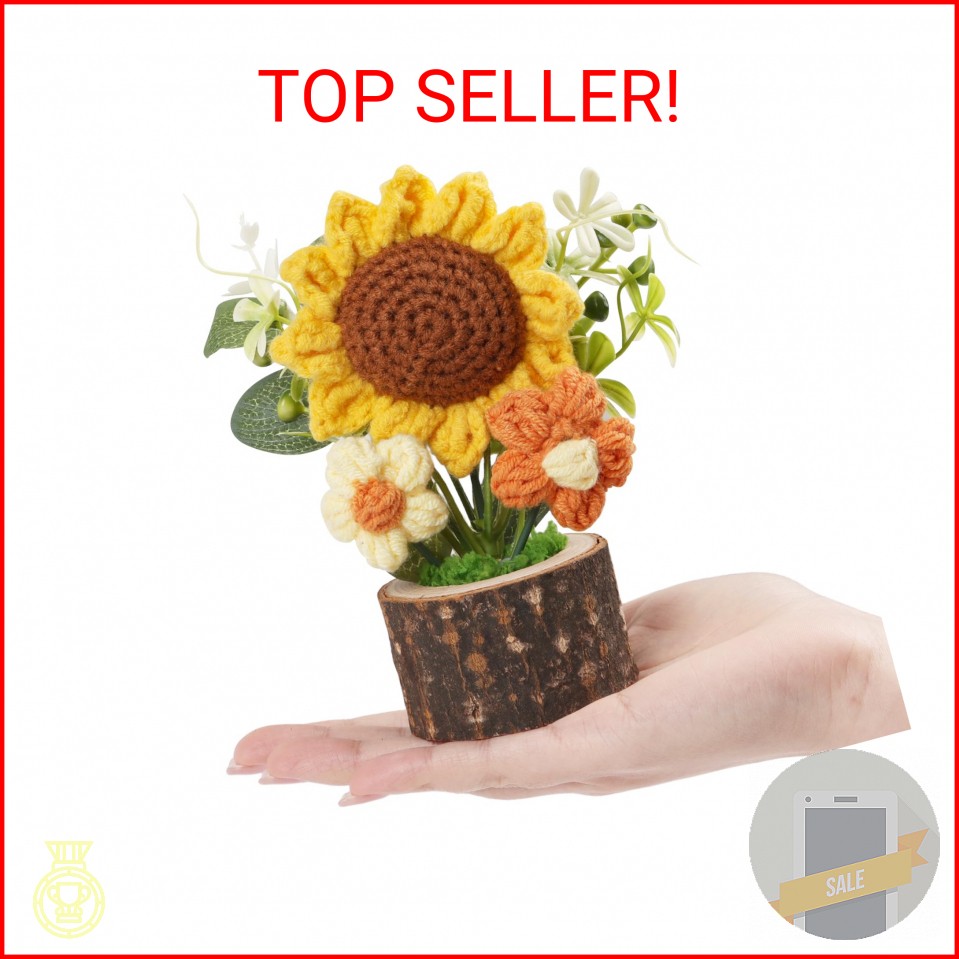 STEFORD Handmade Knitted Sunflowers, Cute Crochet Flowers Bouquet with Wooden Po