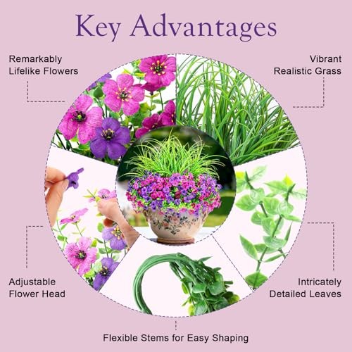 Artificial Flowers for Outdoors, 14 Bundles UV Resistant Fake Double Purple