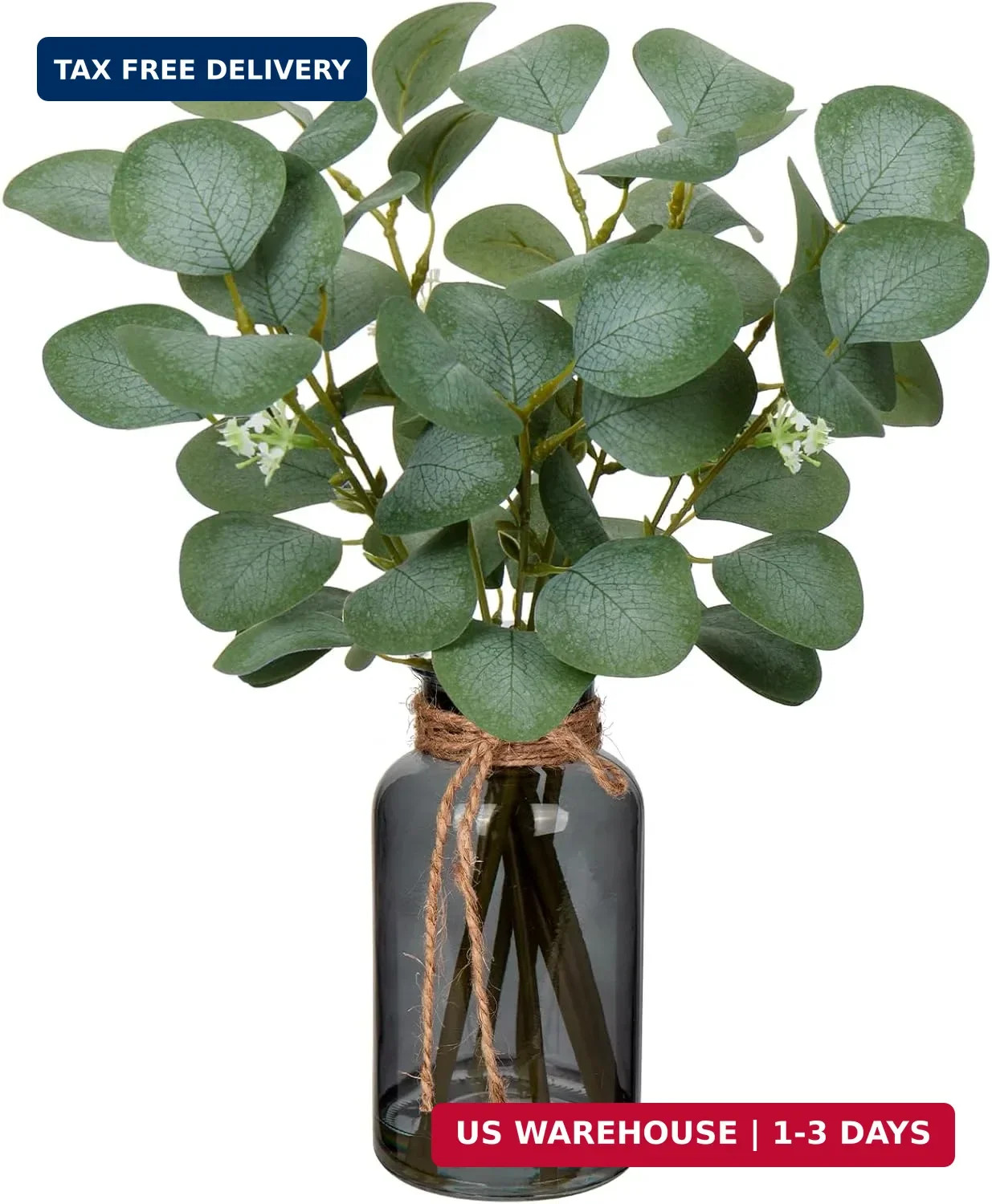 Briful Artificial Eucalyptus Stems in Black Glass Vase with Faux Water, 14″ Fake
