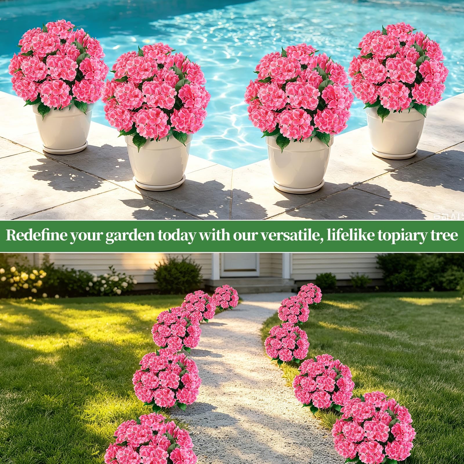 Artificial Topiary Ball Tree with Pink Hydrangea, Set of 2 UV Resistant Shrub…