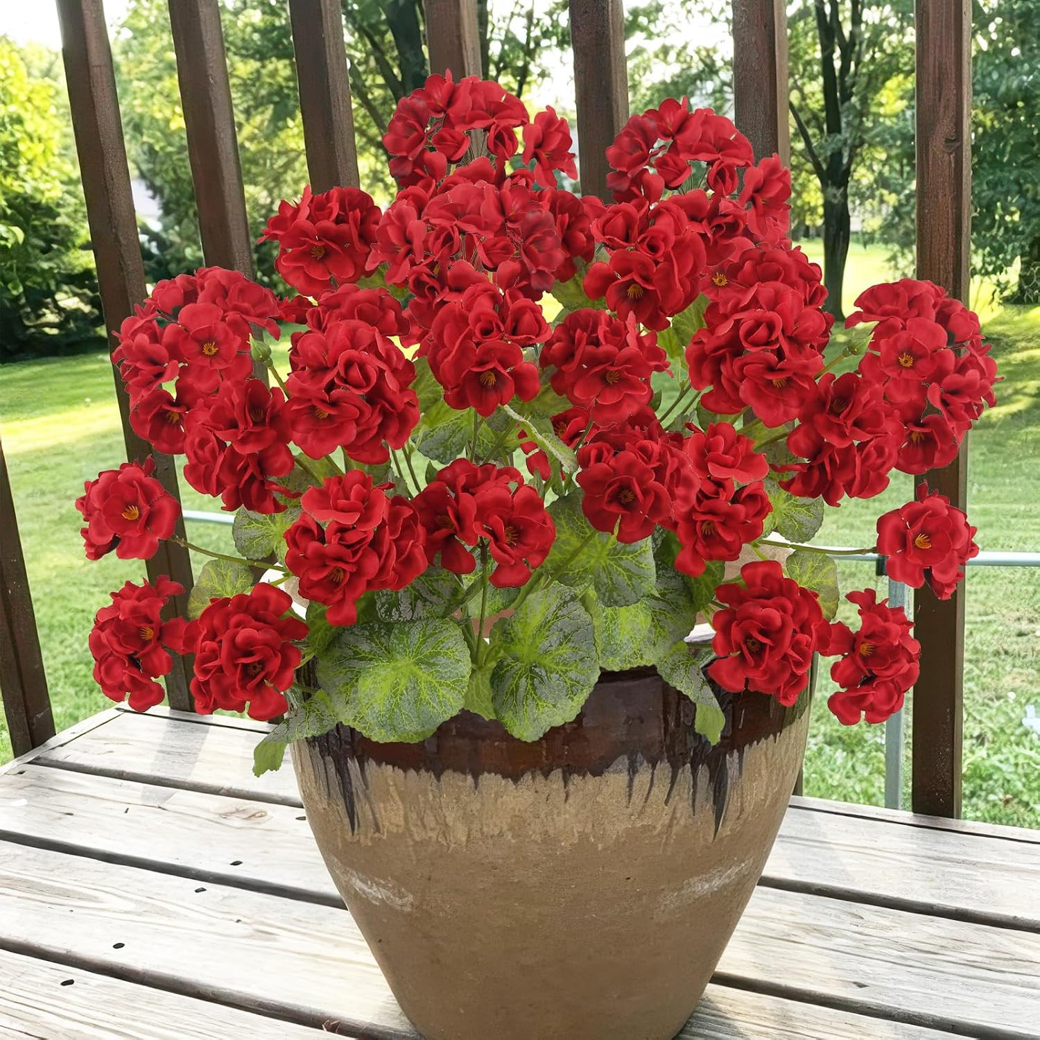 2 Pcs Artificial Geraniums for Outdoors 23” Faux Flowers Red Silk Geraniums UV