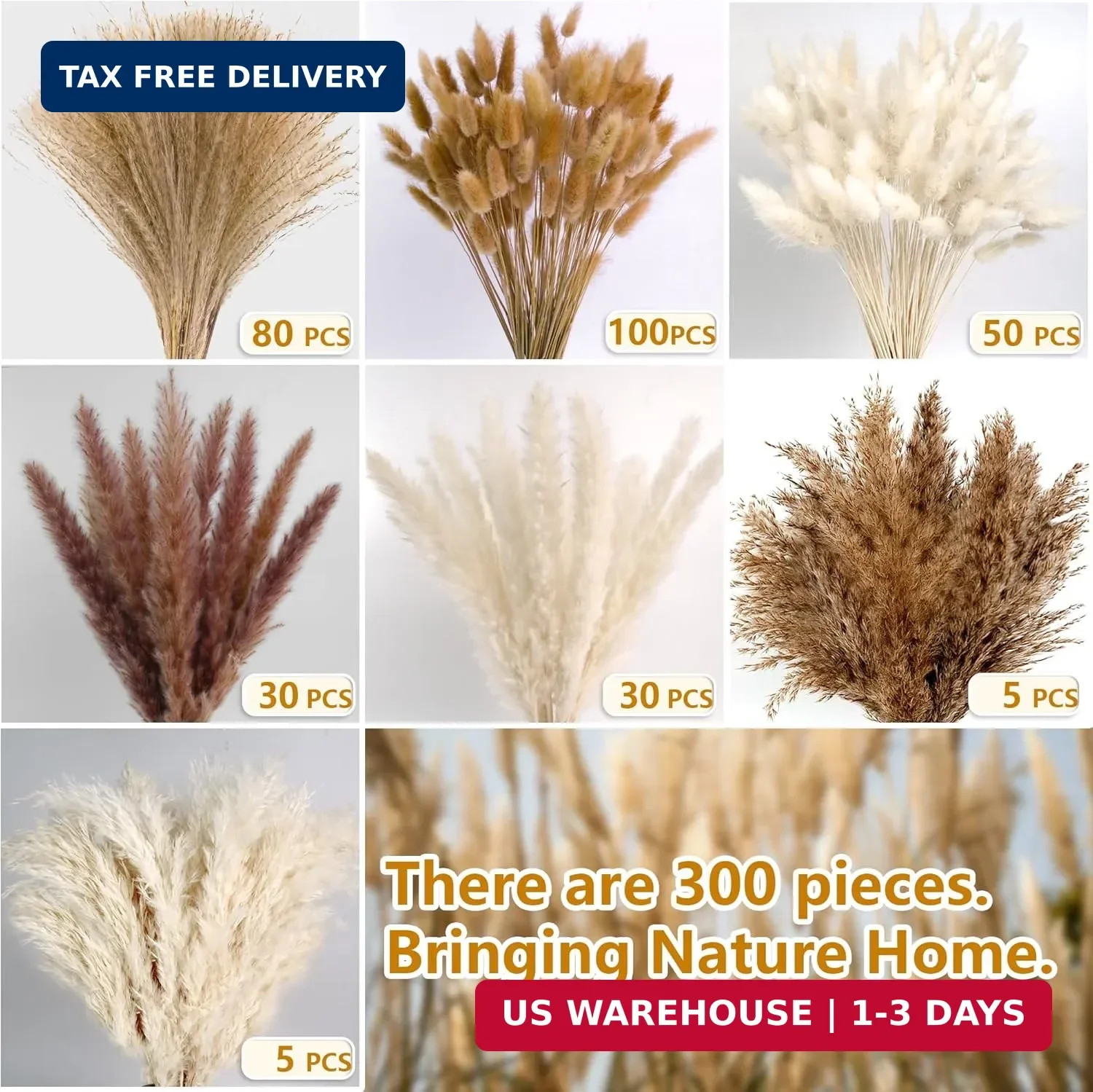 300 PCS Dried Pampas Grass Decor, Dried Flower Bouquets for Wedding, Home, Cente