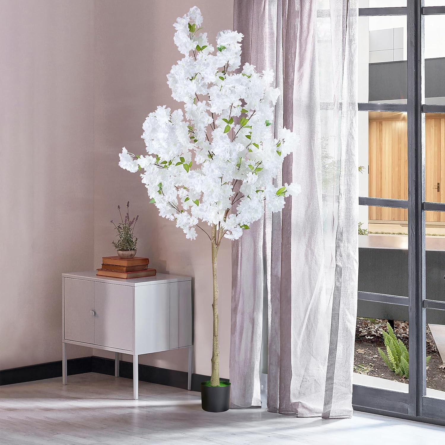 6FT Pink/White Cherry Blossom Artificial Tree, Fake Tree w/Plastic Nursery Pot