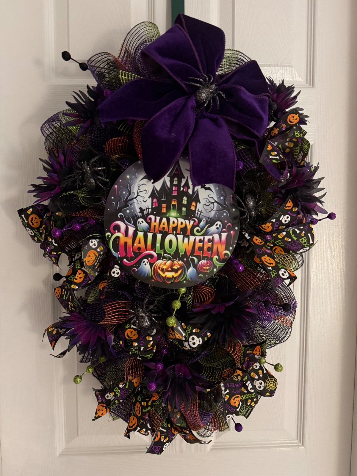Handmade Halloween Deco Mesh Wreath | Happy Halloween Door Wreath | Purple/black