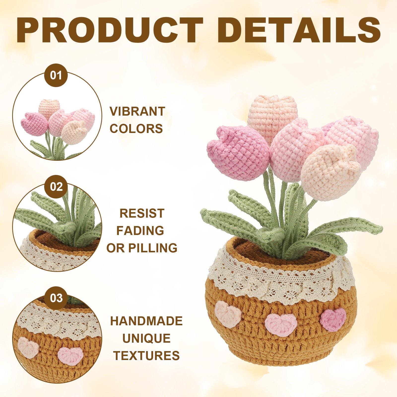 Crochet Flowers Tulip Artificial Flowers Little Potted 6 Flowers Gradient Pink