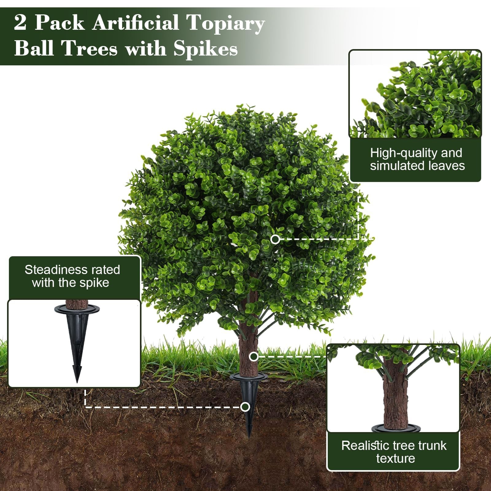 Artificial Boxwood Topiary Outdoor Plants with Spike, 2 Pack Faux Bushes UV R…