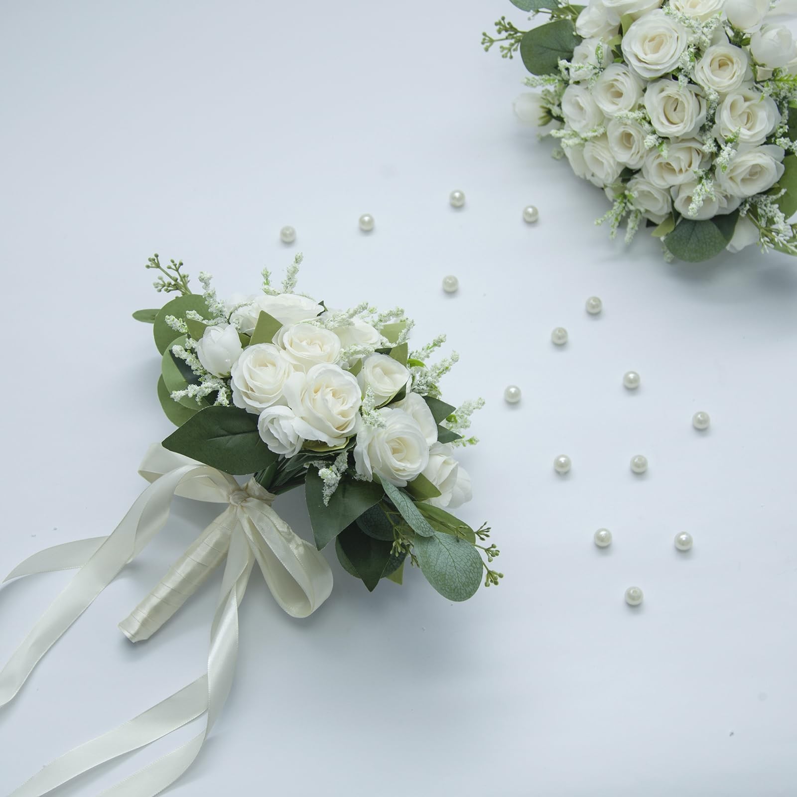 Artificial Bridesmaid Bouquets Set of 3 – Ivory White 9 Inch Various Flower B…