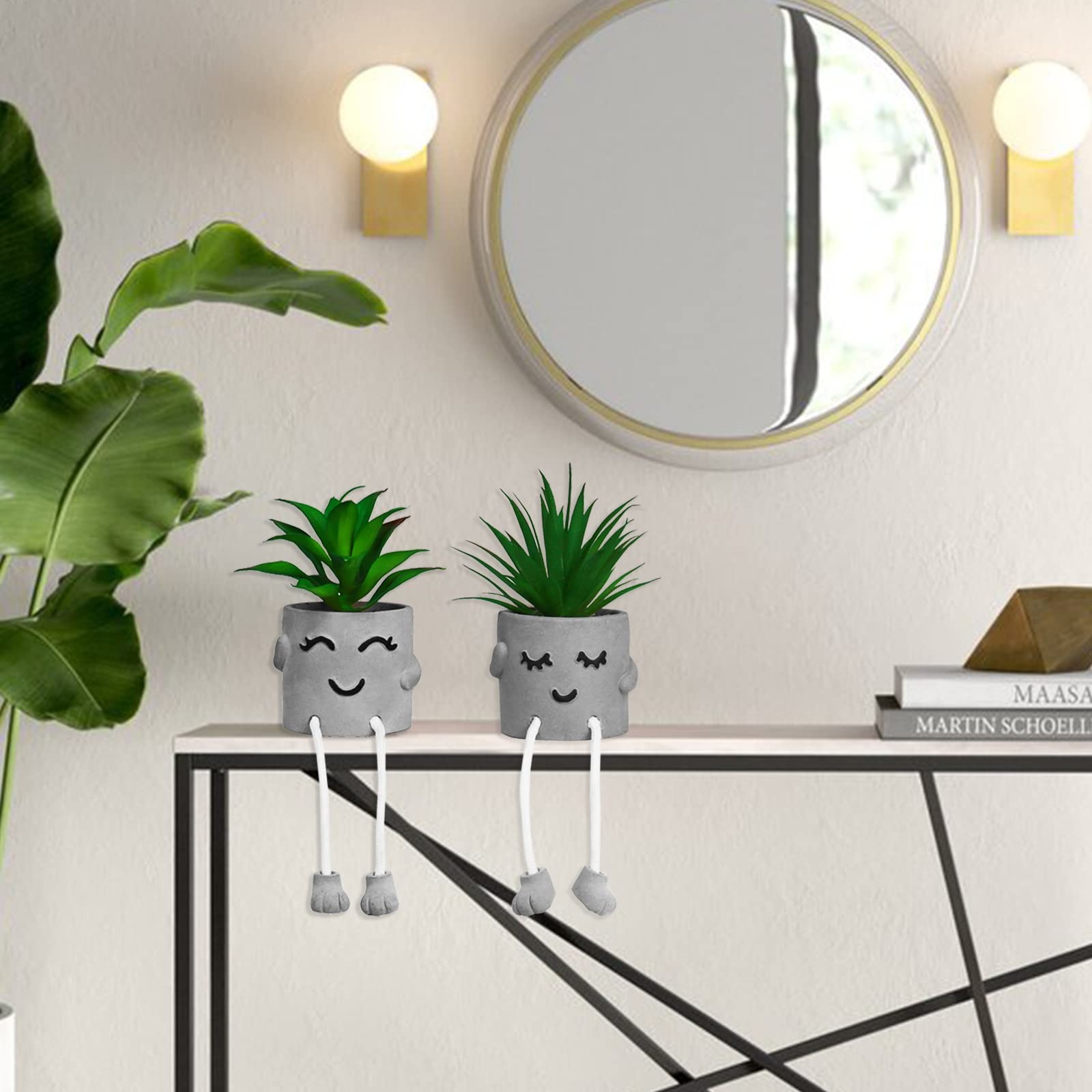 Faux Succulents In Cement Pots With Hanging Leg Potted Mini Fake Plants For Desk