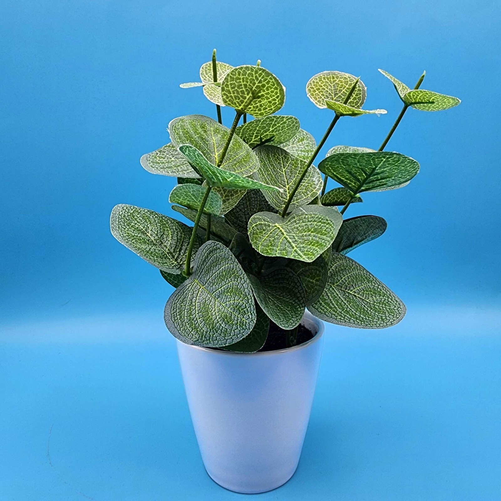 Faux Eucalyptus Potted Plant In White Ceramic Pot 8″ H Realistic Green Leaves