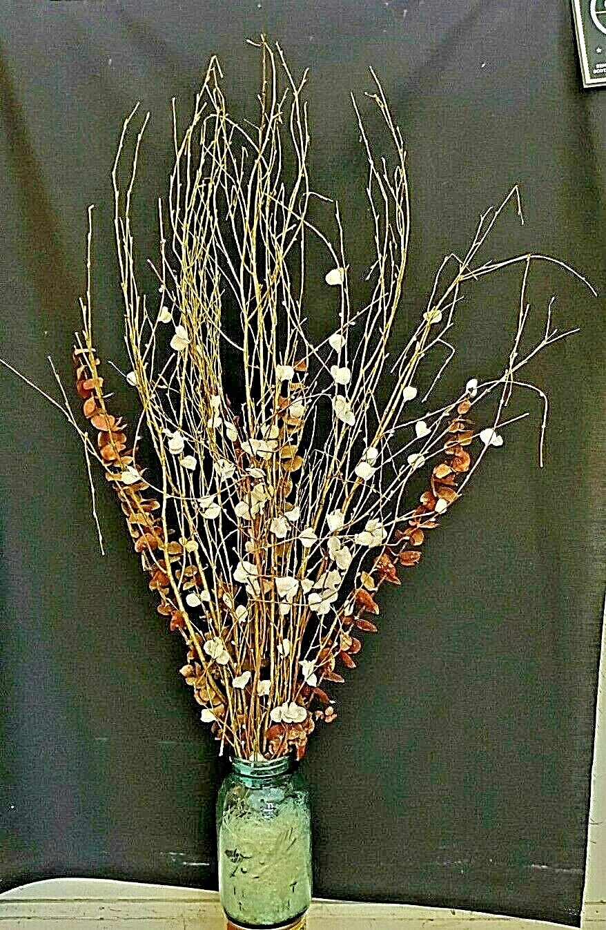White & Pink Blossoms, Red Eucalyptus & Gold Painted Branches in a Mason Jar