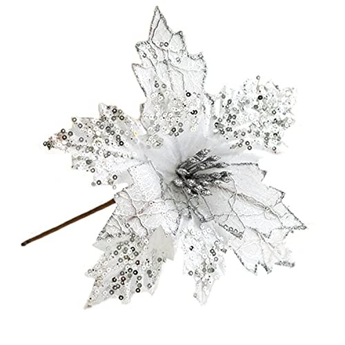 6 PCS Christmas Poinsettia Ornaments Picks Artificial Silk Flower Silver 7.8