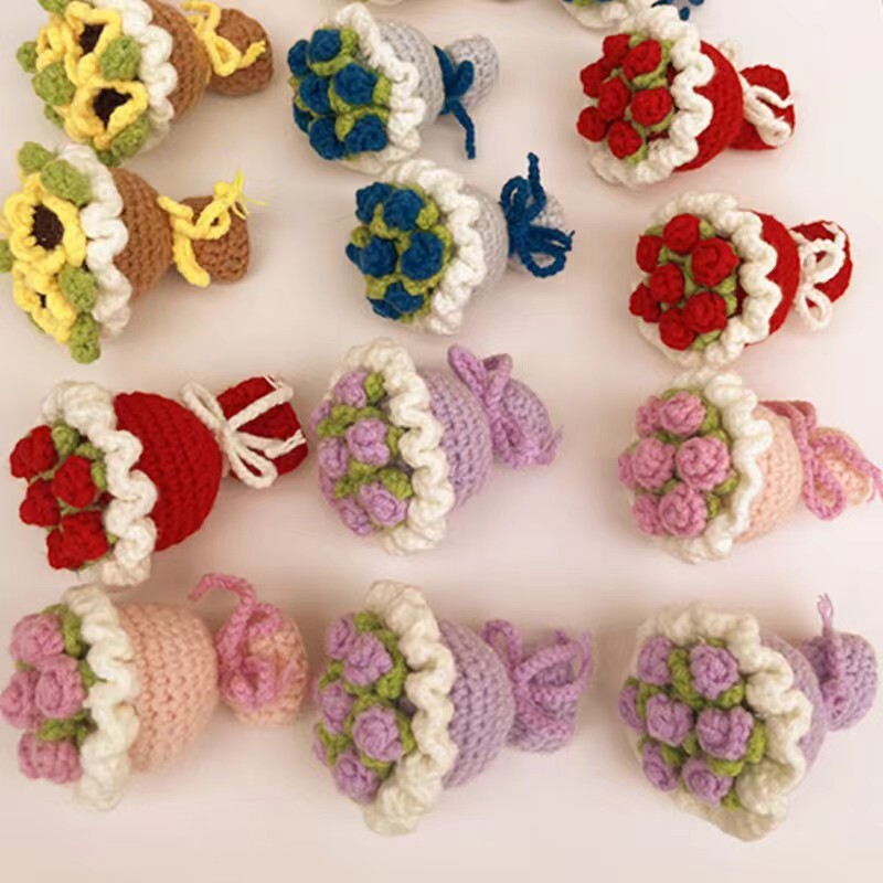 Handheld Small Bouquet Handmade Knitted Puff Flower Crochet Party Decors Gift