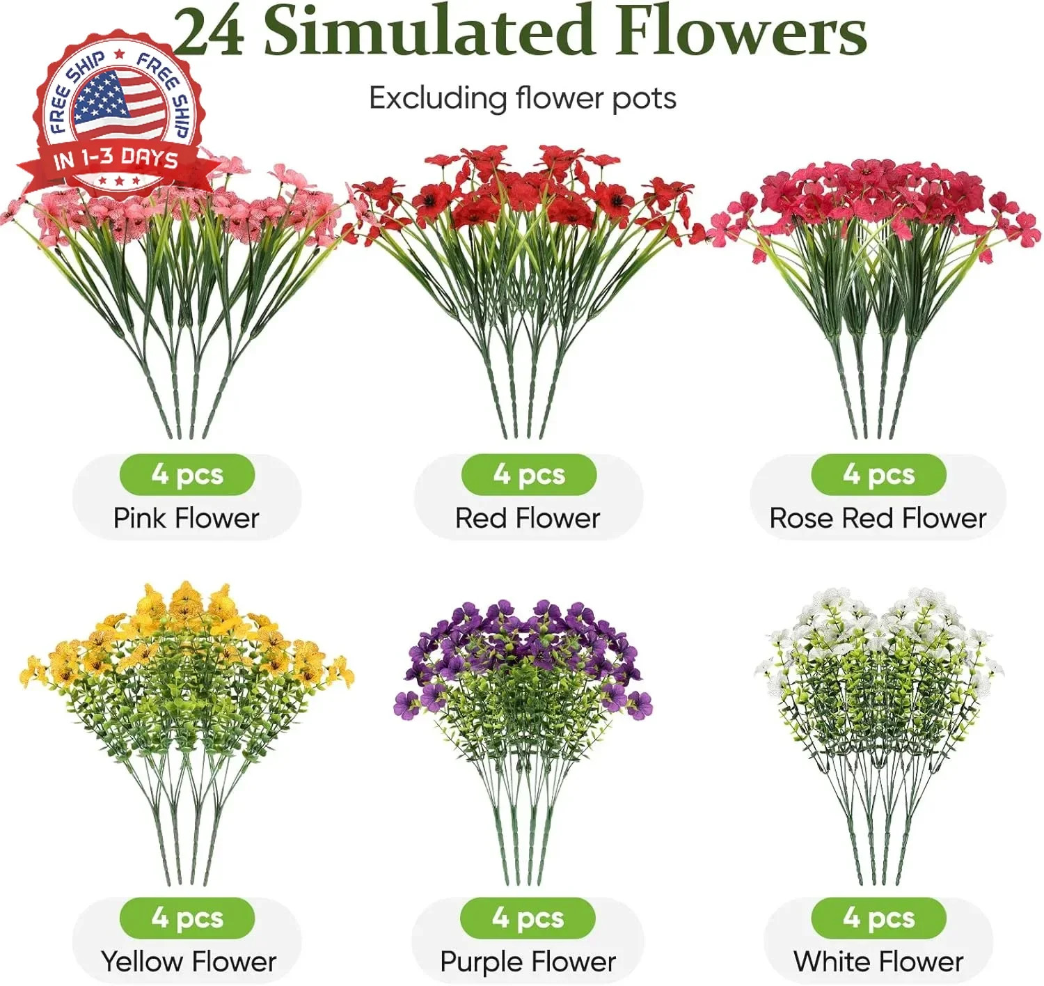 24 Bundles Lifelike Outdoor Artificial Flowers, UV Protected No Fade Fake Silk P