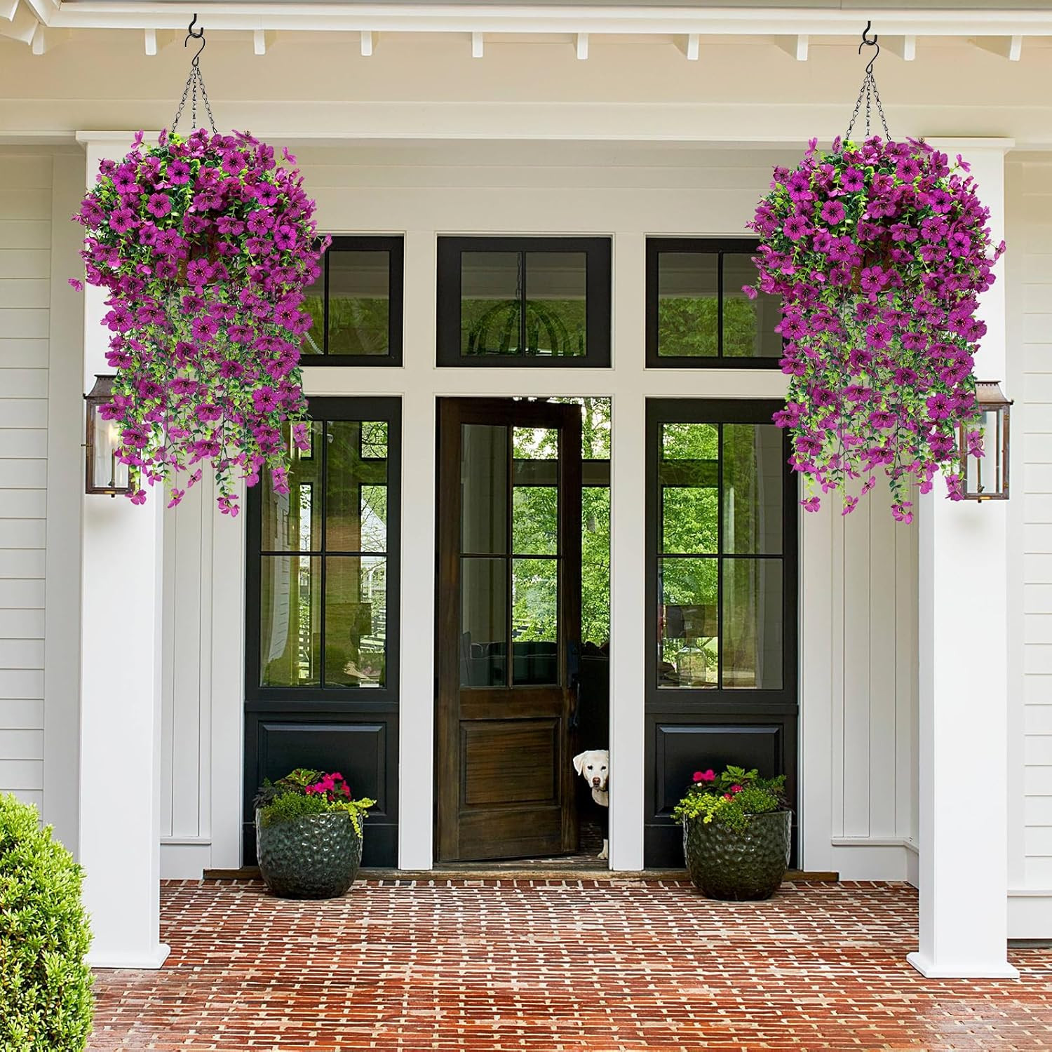 Faux Hanging Violet Flower Baskets with Eucalyptus for Outdoor Decor – 2 Set