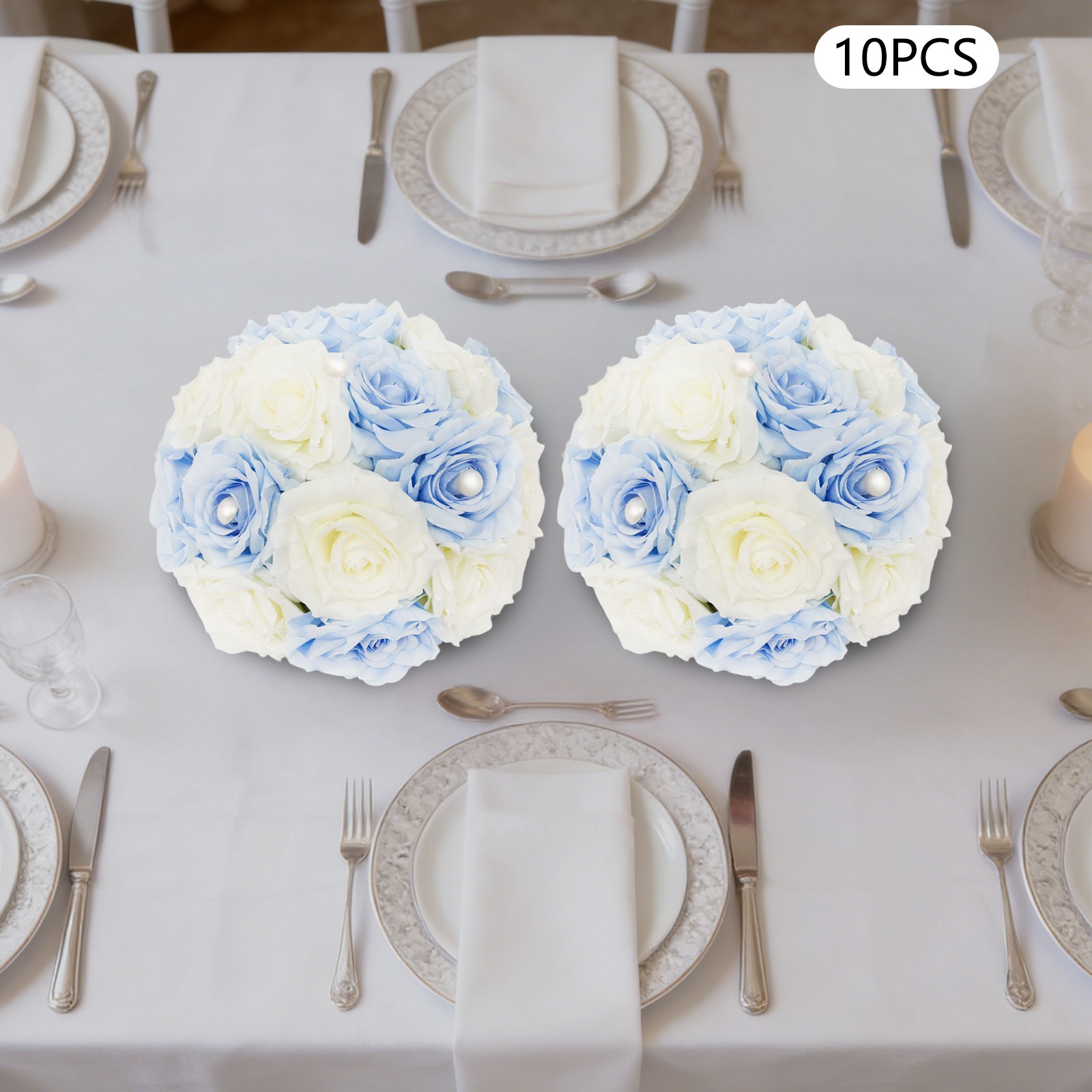 10 Pcs Handmade Bouquet Party Wedding Artificial Flower Balls Deco, White+Blue
