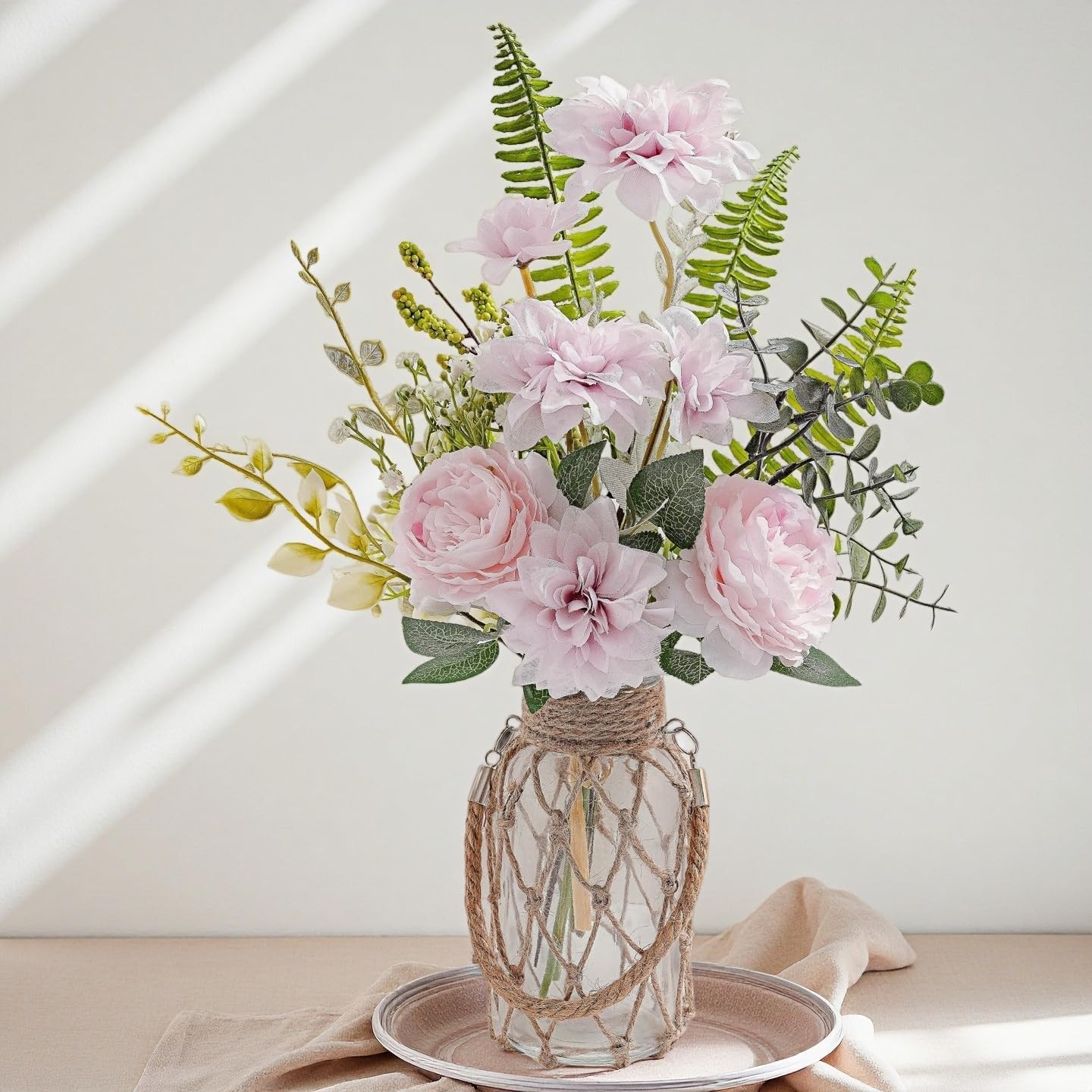Fake Flowers with Vase – Artificial Light Pink Dahlia Flowers Arrangement, Flora