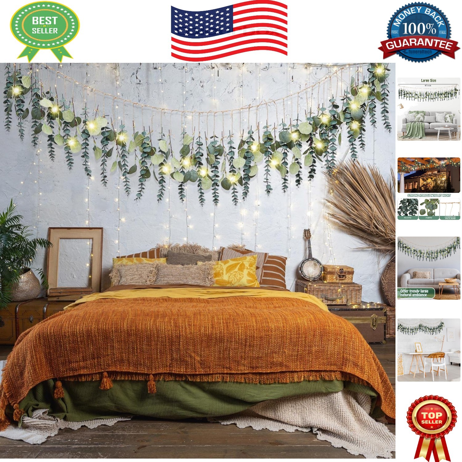 Fresh Eucalyptus Wall Décor with 2 LED String Lights – Versatile Home Accent