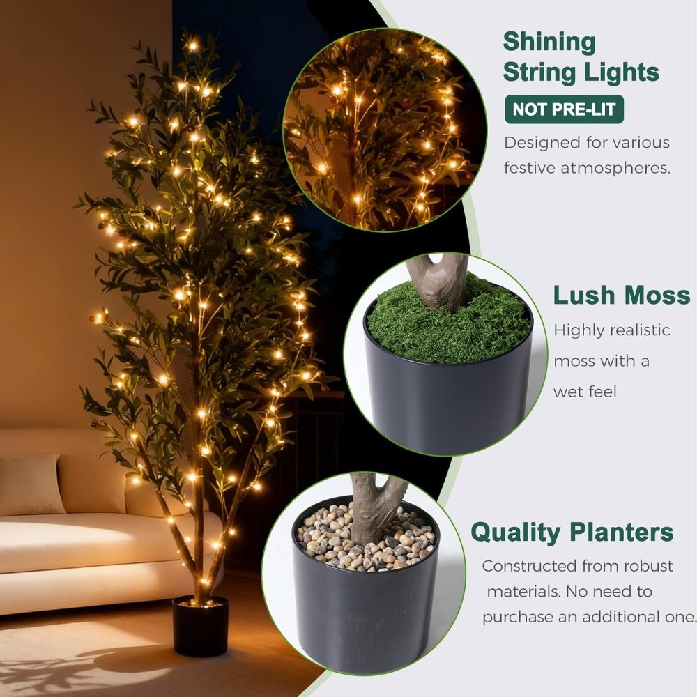 5FT Lighted Faux Olive Tree Indoor with Planter, Moss, Wood Trunk & Fruits
