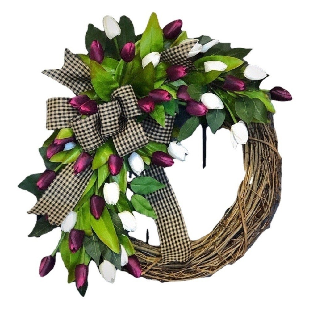 Natural Rattan Spring Tulip Wreath for Door Wall Decor Purple Silk Floral 35cm