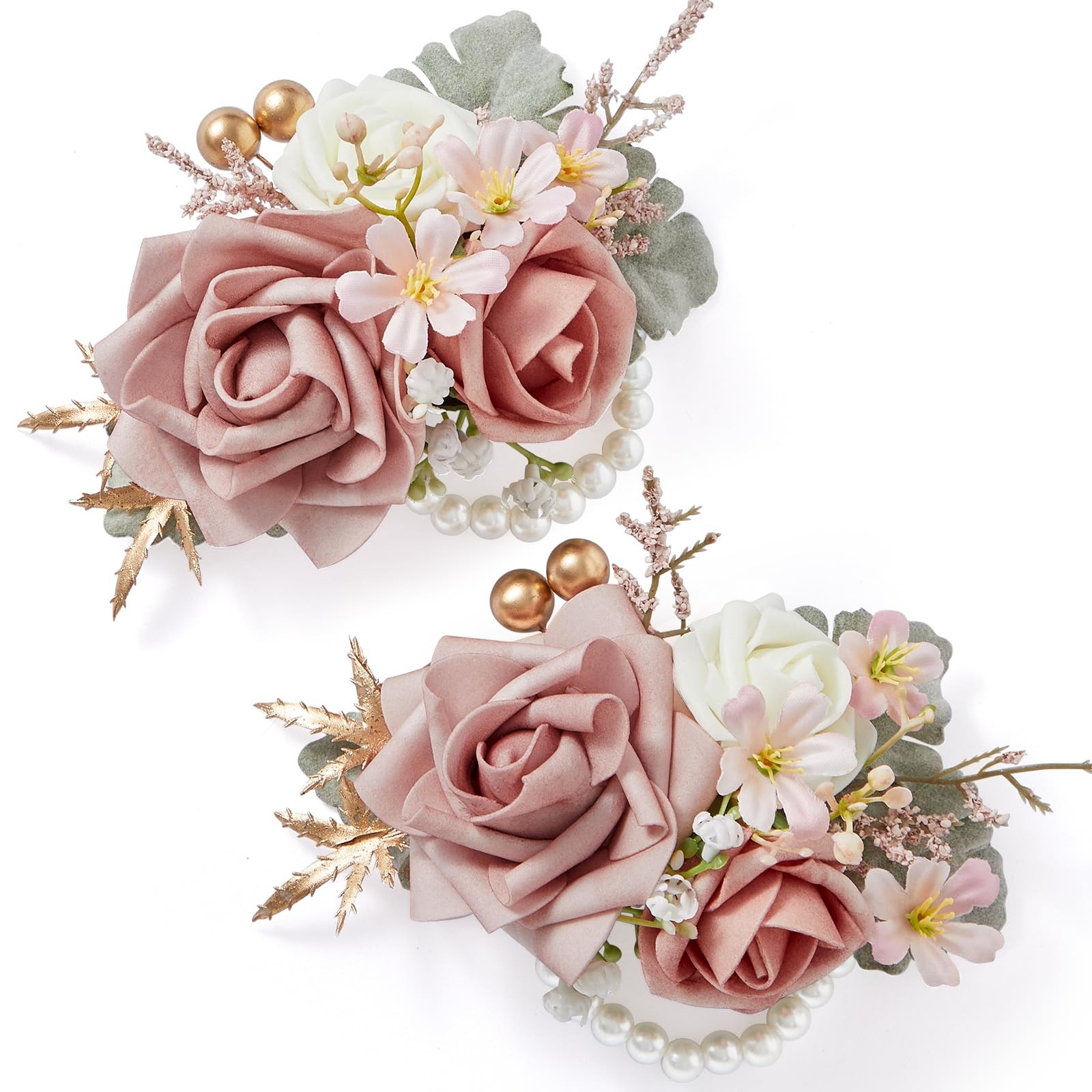 2 PCS Wrist Corsage 6-7 Inch Dusty Pink Artificial Flowers Fits Wedding