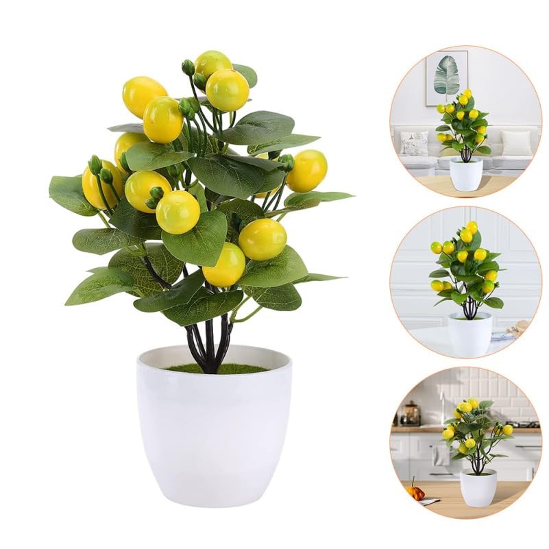2 PCS Artificial Mini Lemon Tree Potted Plant Faux Bonsai Simulation Decor