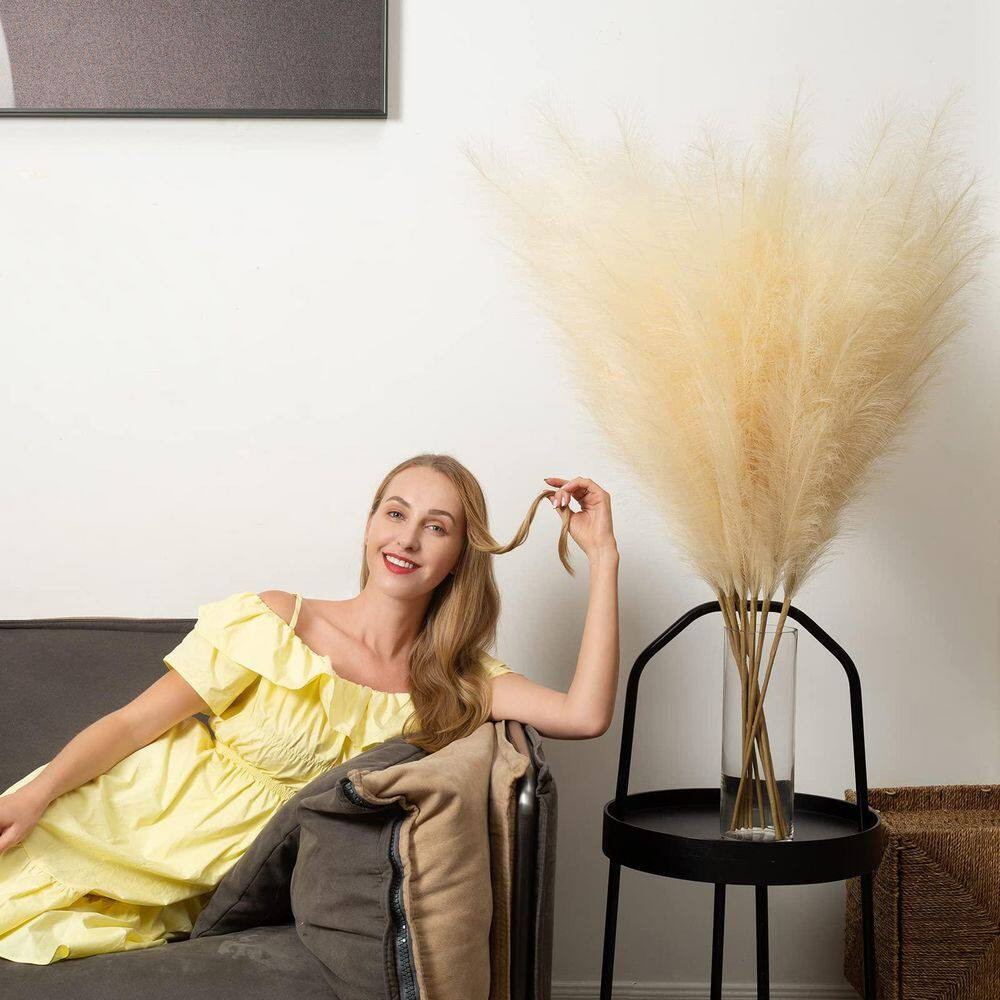 4 in Beige Artificial Plant Faux Pampas Grass 6 Piece Minimalist Elegant Boho Fl