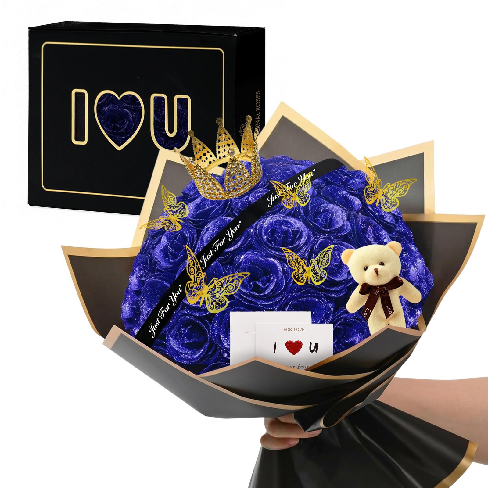 Blue Glitter Roses Bouquet Forever Flowers, 52 Pcs DIY Artificial Glitter Ros…