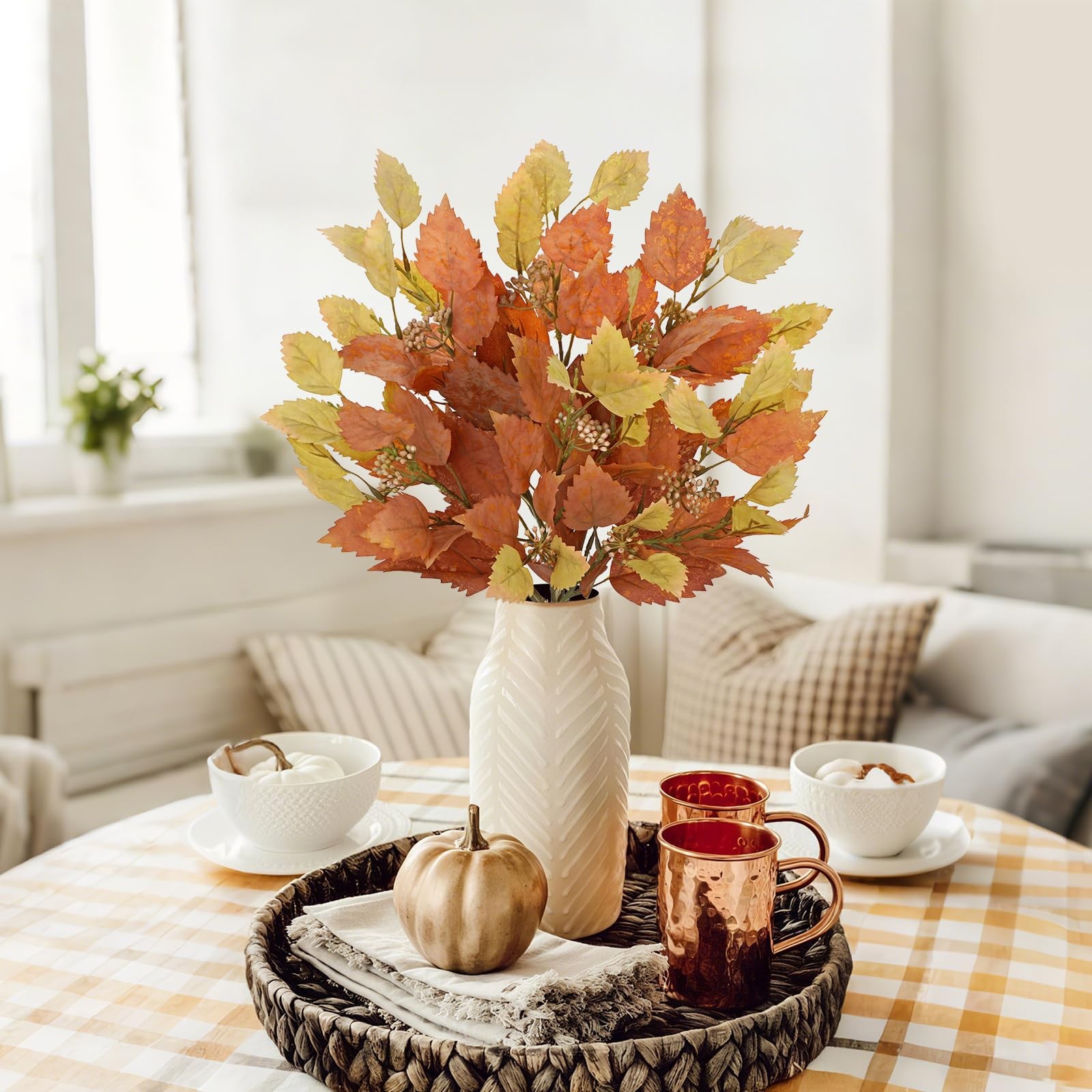 Artificial Fall Birch Leaves Stems – 2 Bundles Faux Autumn Foliage Arrangemen…