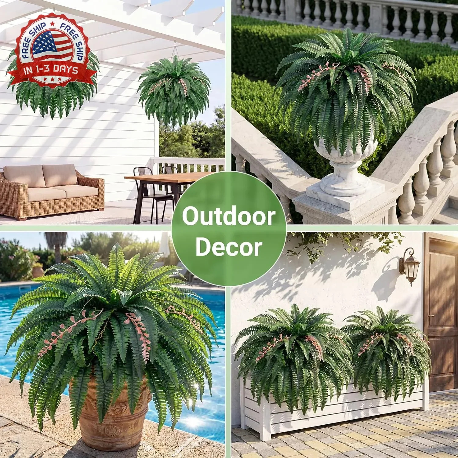 49″ Artificial Ferns for Outdoors,2 Boston Fake Ferns with 98 Pronds,UV Resistan