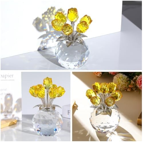 Ornalrist Crystal Yellow Rose Flower Collectible Figurine, Rose Bouquet Flora…