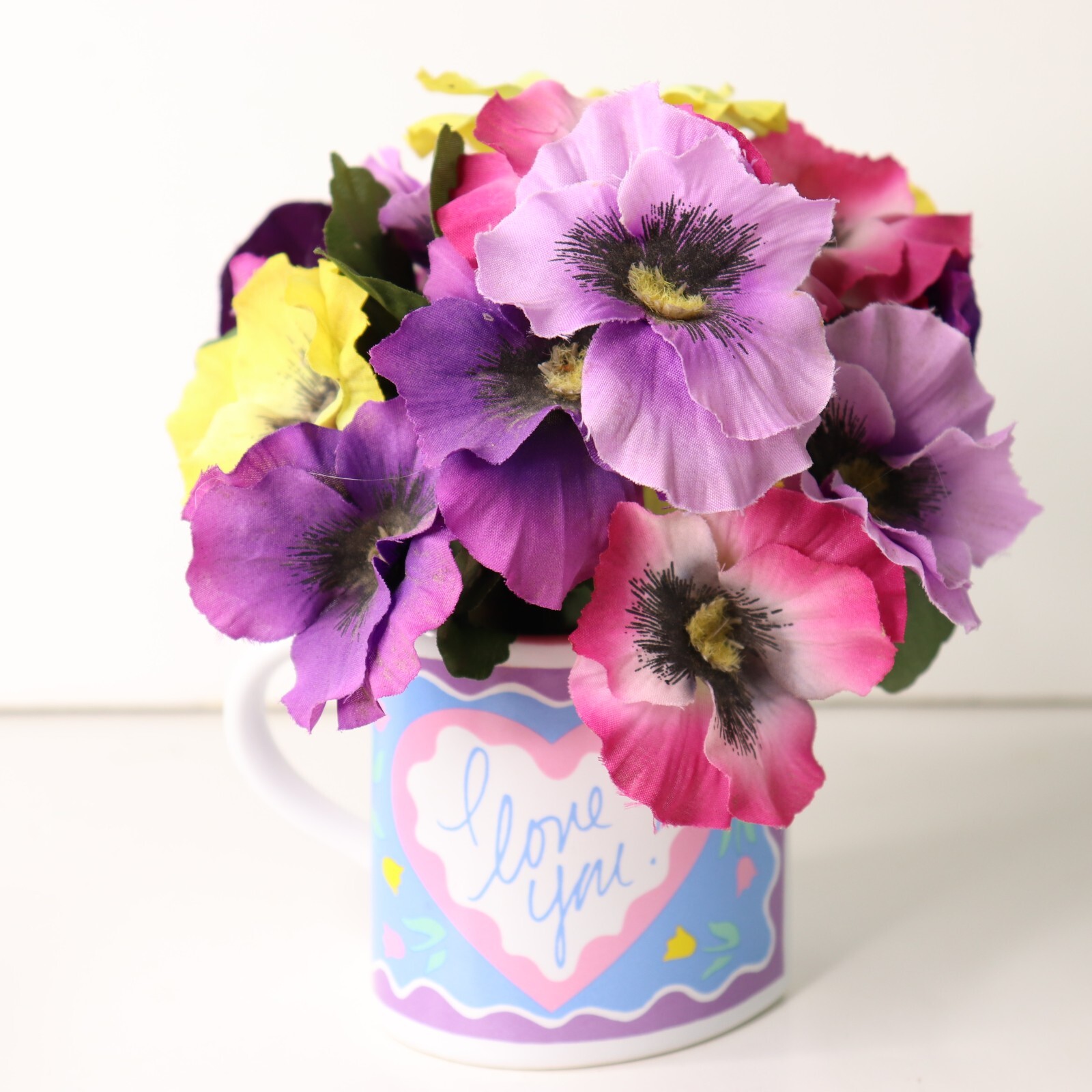 Cute I Love You Heart Shaped Coffee Mug with Multicolor Pansy Floral Arrangement