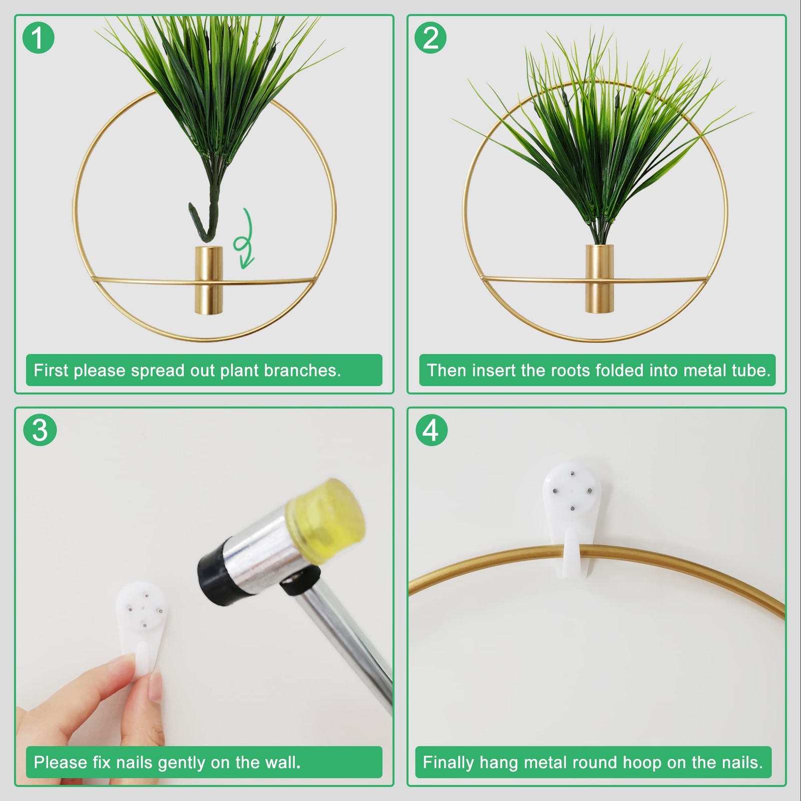 Set of 2 Artificial Plants with Gold Metal Round Hanging Hoop for Wall Decor,…