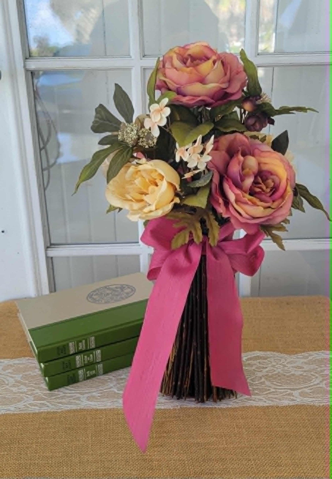 Table Top Floral Arrangement, Free-Standing Topiary Roses Bouquet Home Decor