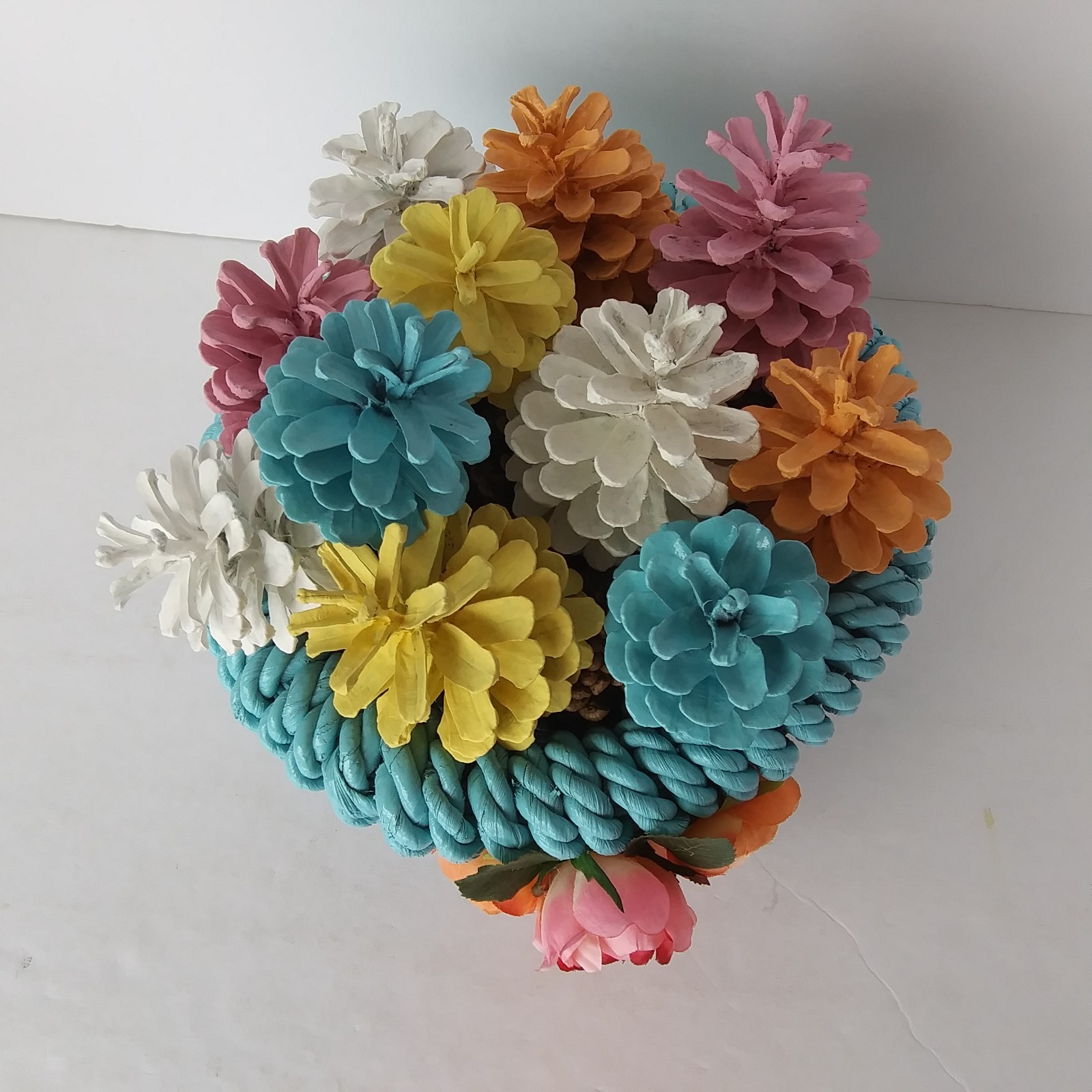 Colorful Pinecone Floral Basket Arrangement Teal Woven Pot Spring Decor Reversib