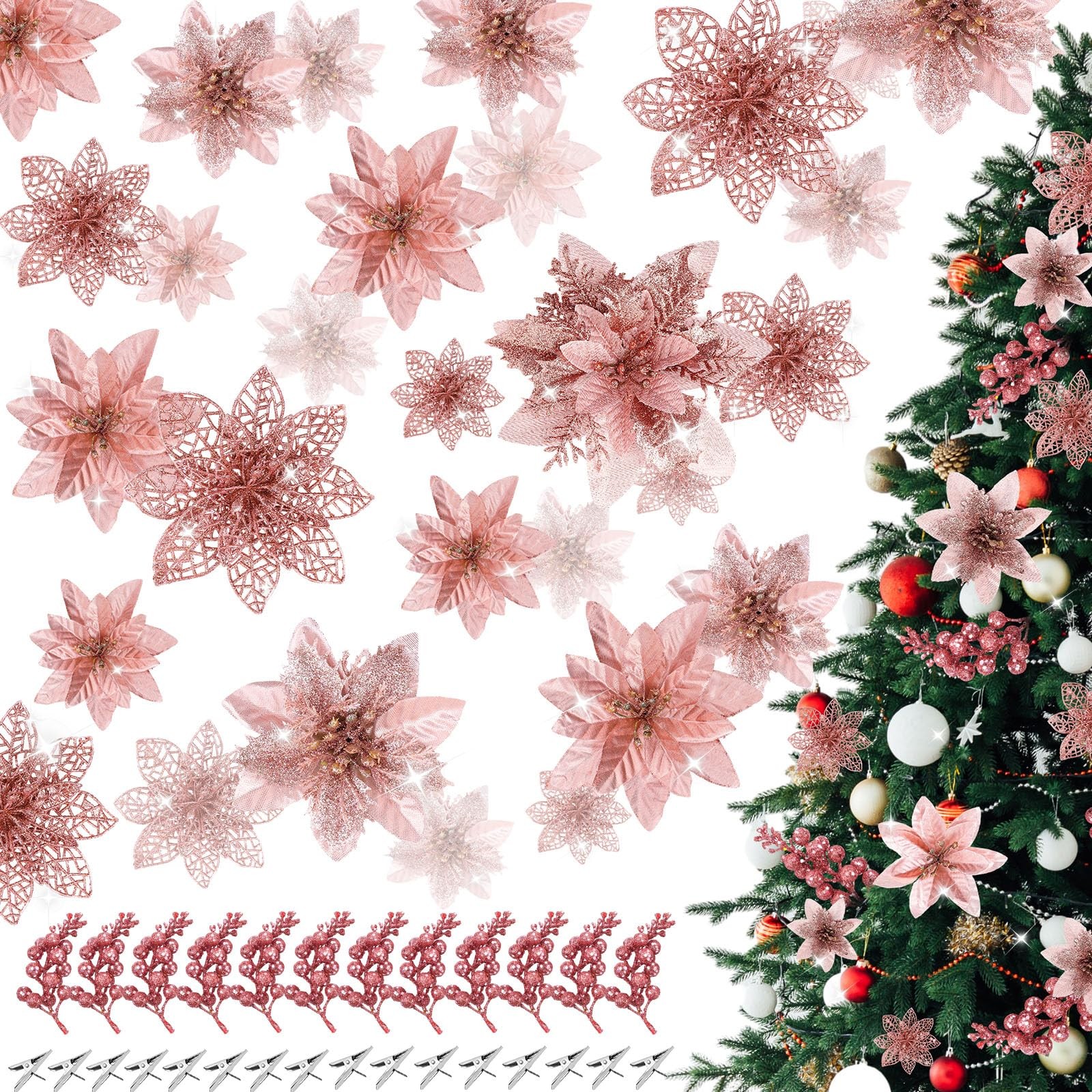 Rose Gold Christmas Glitter Poinsettia Flowers 48 PCS with Clips Berries