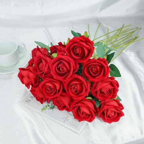 15PCS Roses Artificial Silk Flowers Fake Roses Bouquet with Long Stem Real Red