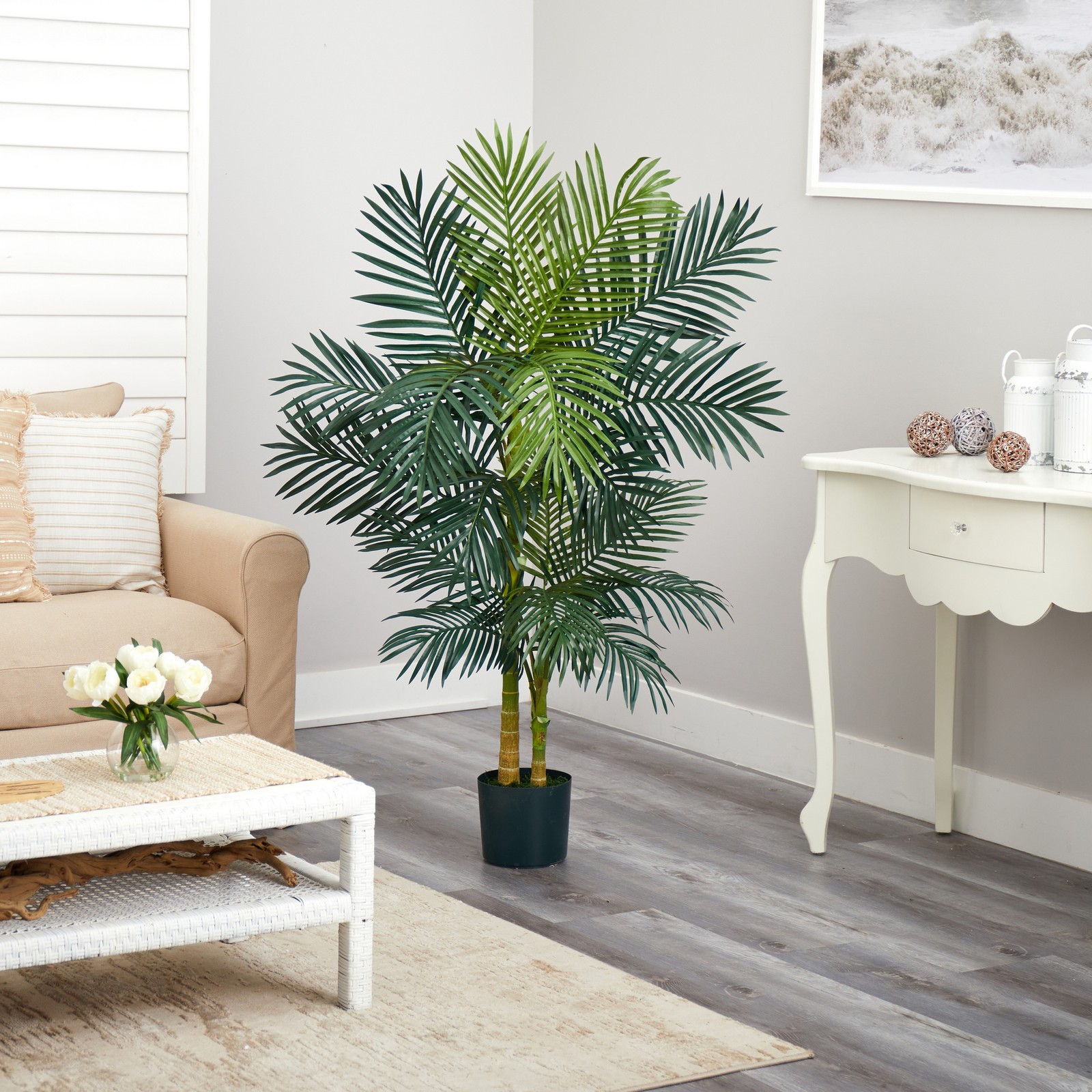 Nearly Natural 60″ Golden Cane Palm Tree with 2-Trunks and Leaves in Green/Black