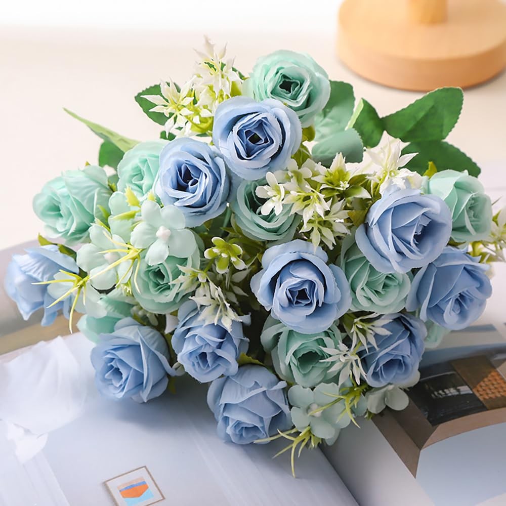 5 PCS Blue Real Touch Artificial Rose Flowers Fake Bouquet for Home Office